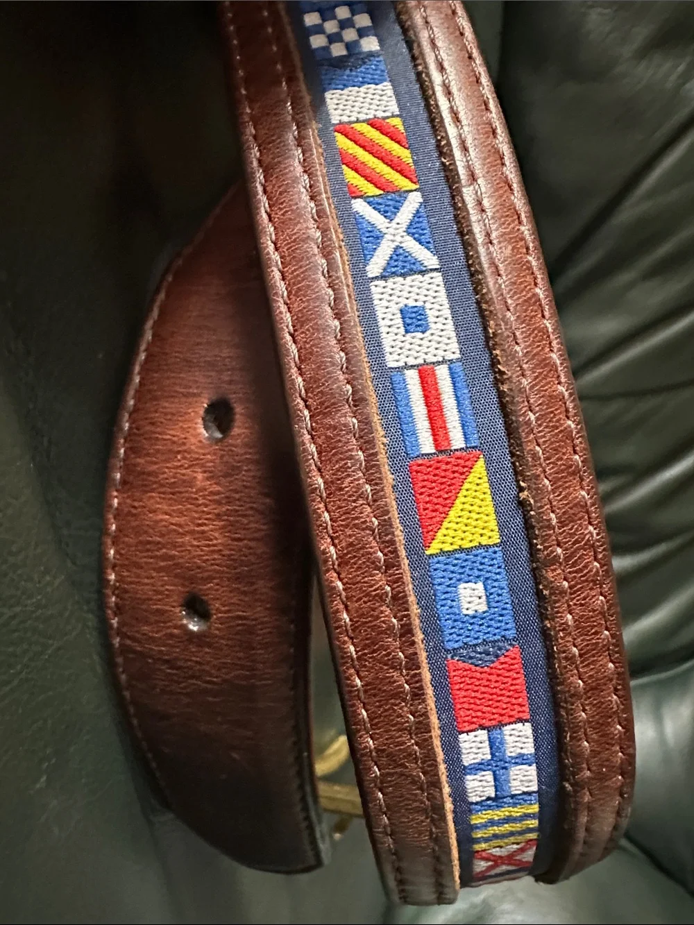 Brighton Brown Leather Belt with Blue Nautical Ribbon